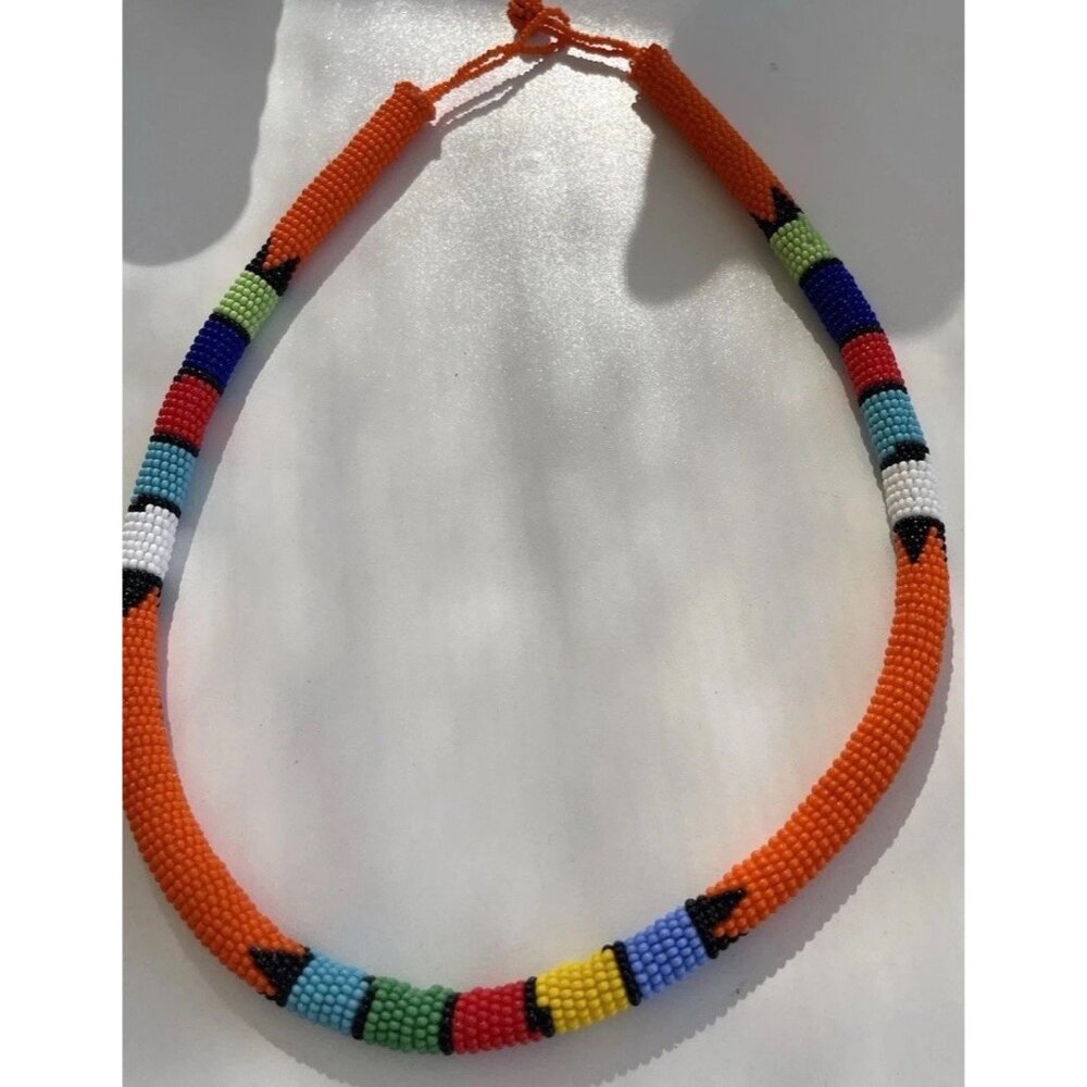 Vintage Native Tribal Western Orange Glass Seed  Beadwork Collar Necklace Aztec